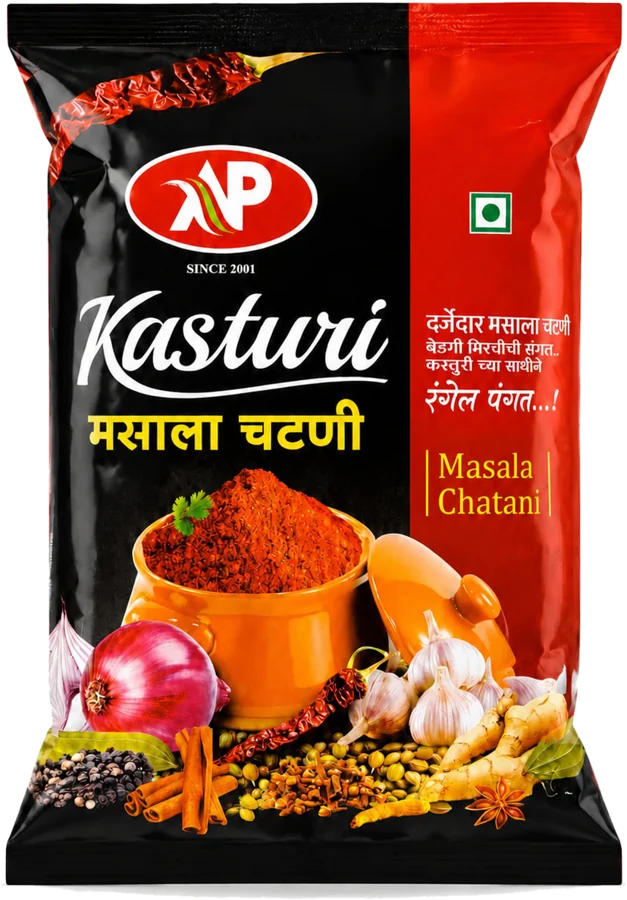 गडद स्टुडिओ पार्श्वभूमीवर कस्तुरी मसाला चटणीचा पॅक